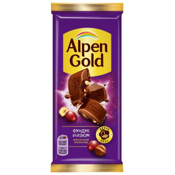 Шоколад Alpen Gold молочный с фундуком и изюмом, 80г