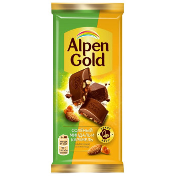 Шоколад Alpen Gold молочный с солёным миндалем и карамелью, 80г