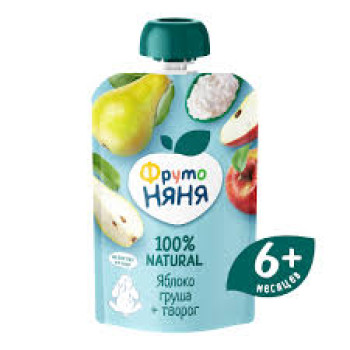 ФрутоНяня Пюре Яблоко-Груша с творогом Пауч 90г.